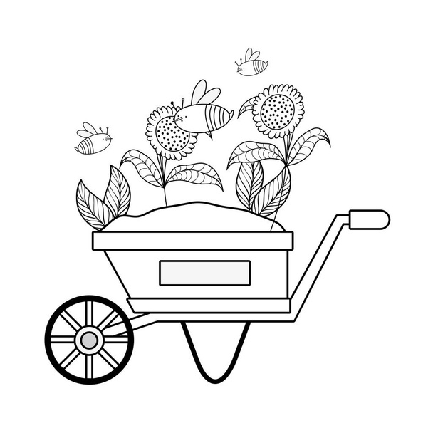 cute wheelbarrow gardening with flowers garden vector illustration design - Vector, Image