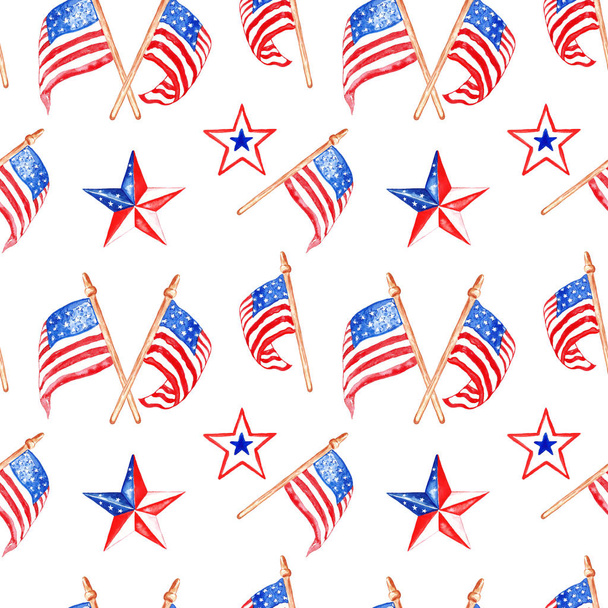Patriottico decorativo rosso, bianco e blu modello senza cuciture con bandiere e stelle degli Stati Uniti
. - Foto, immagini