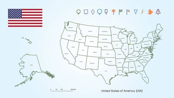 Map of The United States of America Outline For Each Countries With USA Flag And Locator Collection - Vector, Image
