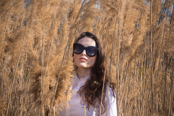 Outdoor fashion photo of young beautiful lady in glasses,model photos in the reeds - Photo, Image