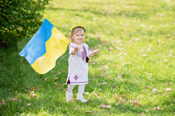 Child carries fluttering blue and yellow flag of Ukraine in field. Ukraine's Independence Day. Flag Day. Constitution day. Girl in traditional embroidery with flag of Ukraine. - Foto, Bild