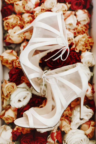 Svatební boty uspořádané na barevných růžích pozadí. - Fotografie, Obrázek