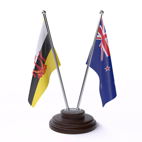 brunei and new zealand, two table flags isolated on white background - Fotografie, Obrázek