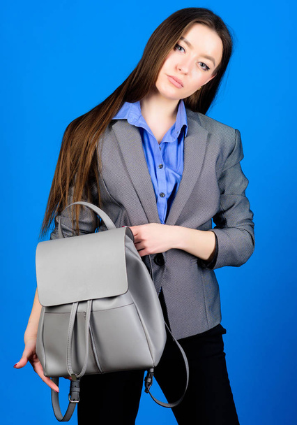 female bag fashion. stylish woman in jacket with leather backpack. business. Shool girl with knapsack. girl student in formal clothes. student life. Smart beauty. Nerd. Look at this - Foto, imagen