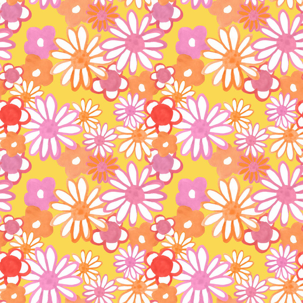 Ροζ, κίτρινο, κόκκινο και πορτοκαλί floral μοτίβο χωρίς ραφές. Μποέμ vintage μοτίβο με Μαργαρίτα λουλούδια σε στυλ 60s και 70s. Δύναμη λουλουδιών. - Φωτογραφία, εικόνα