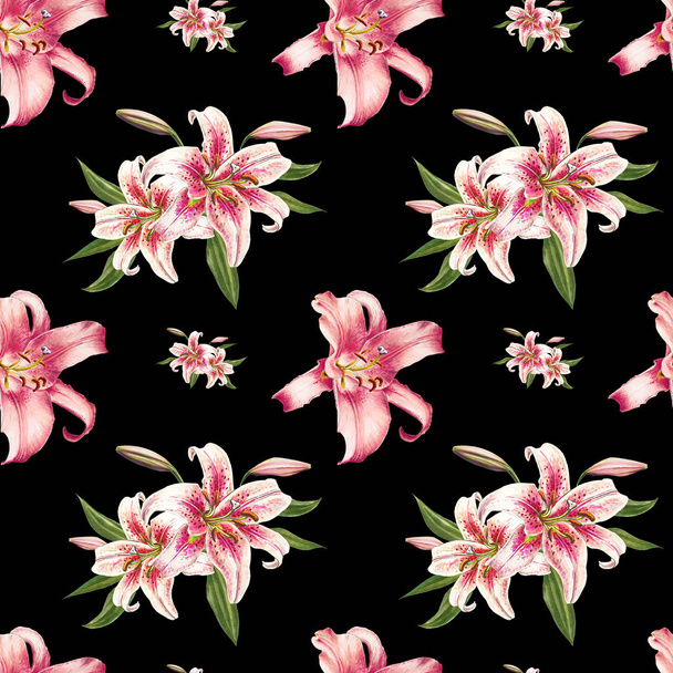 pink lilies seamless background pattern - Foto, afbeelding