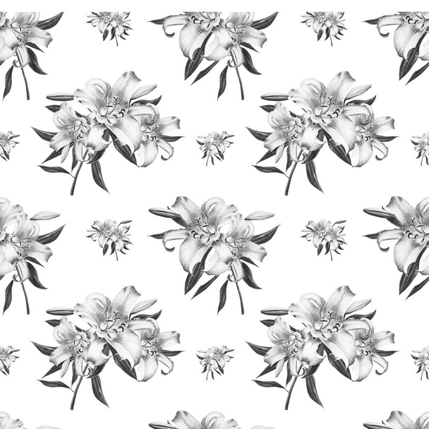 black and white lilies seamless background pattern - Φωτογραφία, εικόνα