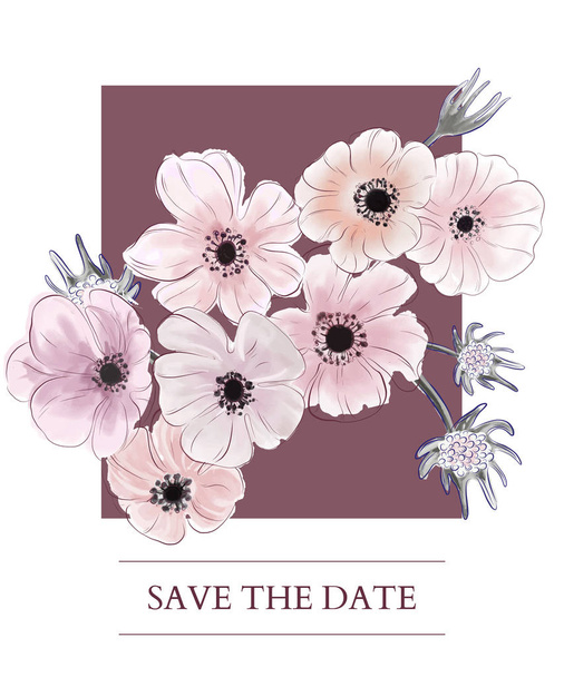 Akvarell botanikus virágokkal prin. kézzel rajzolt esküvői meghívó sablon tervezés, virágok és levelek téglalap alakú keretben lila háttér, vintage stílusú - Vektor, kép