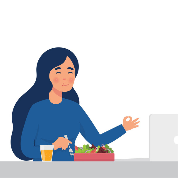 Ilustración vectorial de la mujer comiendo ensalada
 - Vector, imagen