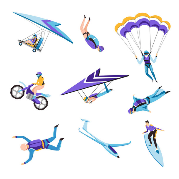 Flying or riding extreme air sport flying and jumping isolated characters vector parachute and hang glider wingsuit and motorcycle surfing man in protective clothing helmet or diving costume. - Vecteur, image