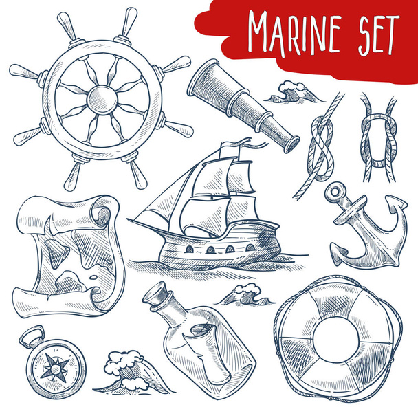 Sailing and ship voyage objects sketches marine set vector stirring wheel and spy glass rope knot and sailboat treasure map and anchor life buoy and bottle with message compass and sea waves. - Wektor, obraz