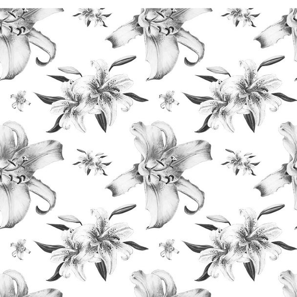 fekete-fehér liliomok varrat nélküli háttér-mintázat - Fotó, kép
