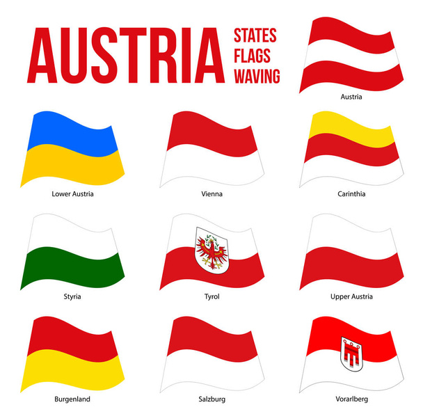 オーストリアすべての州旗は、白い背景にベクトルイラストを振ります。オーストリアのすべての州. - ベクター画像