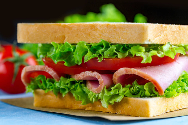 Homemade sandwich with ham and fresh vegetables close up  - Fotografie, Obrázek