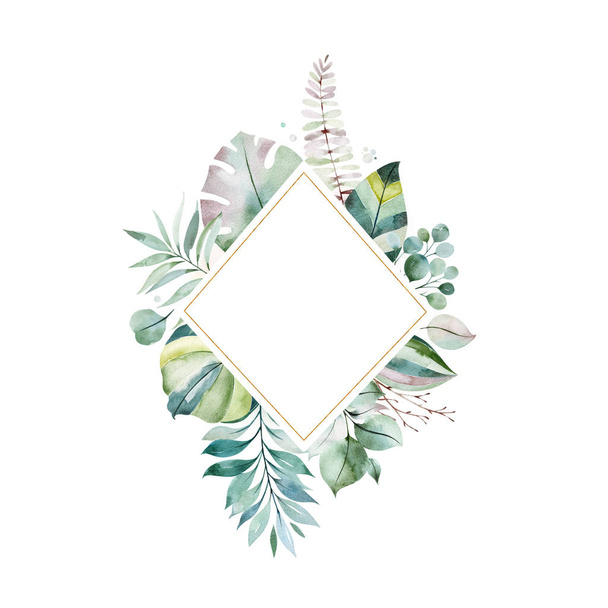 frame border with foliage, palm and fern leaves, branches - Фото, зображення