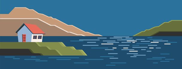 Nature sea landscape with house, outdoor background with ocean and mountains. Flat cartoon style vector illustration. - Vector, Image