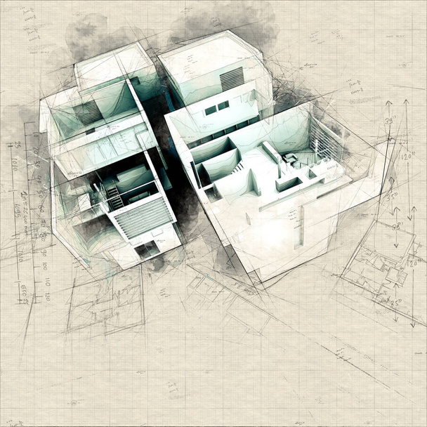 Diseñador Edificio moderno sobre planos
 - Foto, imagen
