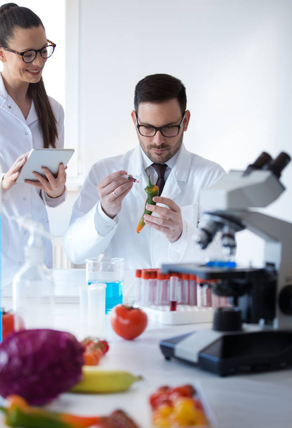 Scientists  with vegetables in laboratory - Fotoğraf, Görsel
