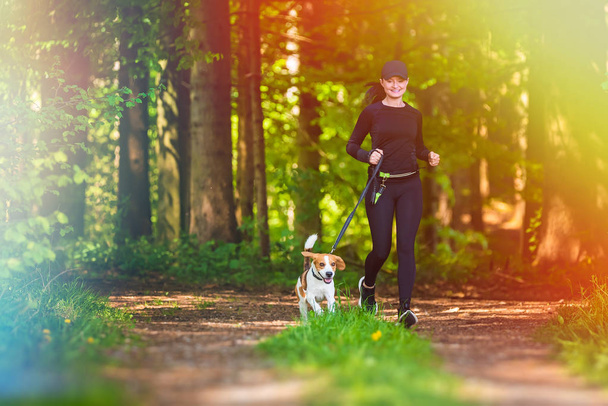 Girl is running with a dog (Beagle) on a leash in the spring time, sunny day in forest - Photo, Image