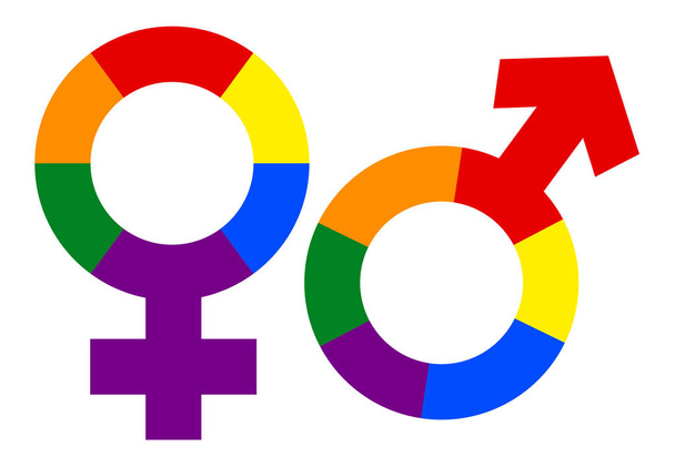 Σύμβολο φύλου στο ουράνιο τόξο χρώμα απομονωμένη εικόνα. Διάνυσμα ουράνιο τόξο αρσενικό θηλυκό σύμβολο φύλου - Διάνυσμα, εικόνα