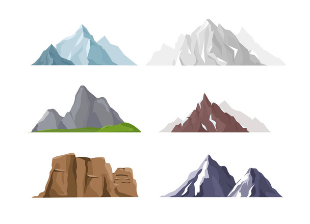 Vector illustration set of mountain icons in flat cartoon style. Different mountains and hills collection isolated on white background. - Вектор, зображення