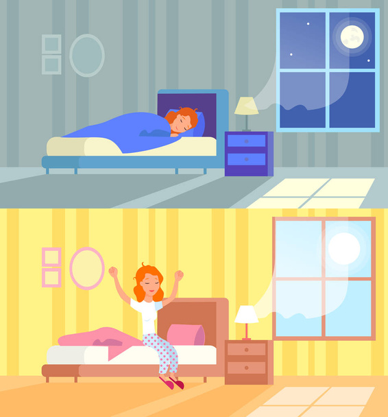 夜寝て朝起きる女性のベクトルイラスト。快適なベッドのコンセプトで眠る、おはよう、一日の始まり、目を覚ます。眠りと目覚めの漫画フラットデザインコンセプト. - ベクター画像