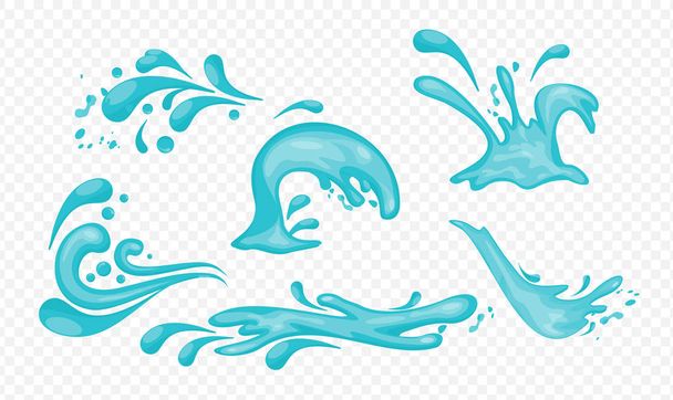 Zestaw ilustracji wektorowych niebieskich rozprysków wody i fal w stylu płaskim izolowanym na przezroczystym tle. - Wektor, obraz