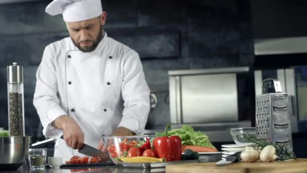 Chef-kok koken in restaurant keuken. Professionele chef-kok die verse salade maakt. - Video