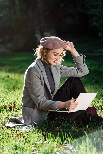Work outdoors benefits. Education technology and internet concept. Girl work with laptop in park sitting on grass. Natural environment office. - Fotoğraf, Görsel