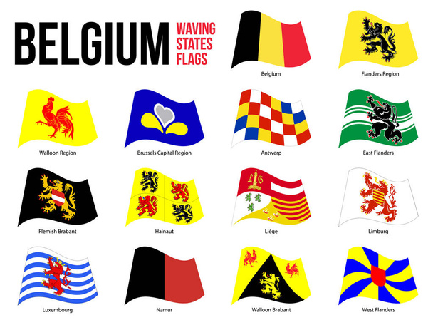 Belgien alle Regionen & Provinzen Flagge schwenkende Vektorillustration auf weißem Hintergrund. Flaggen Belgiens - Vektor, Bild