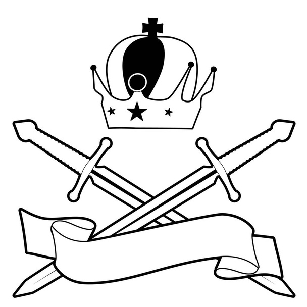 皇帝の王冠と2つの交差した剣、テキストバナー、白い背景に隔離 - ベクター画像