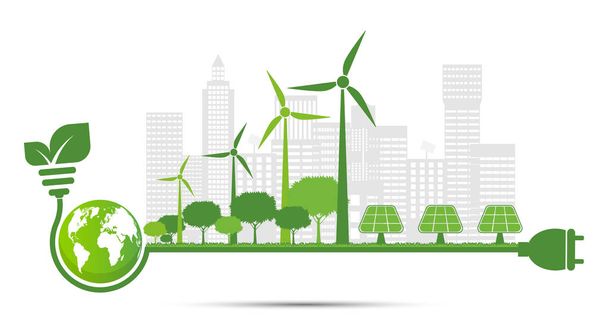 Ökologie und Umweltkonzept, Erdsymbol mit grünen Blättern in Städten helfen der Welt mit umweltfreundlichen Ideen, Vektorllustration - Vektor, Bild
