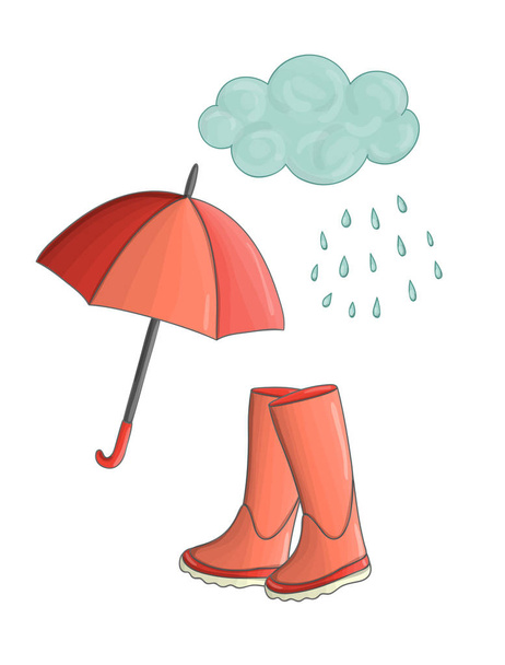 Vector illustration of rain pouring from clouds and umbrella - Vector, imagen