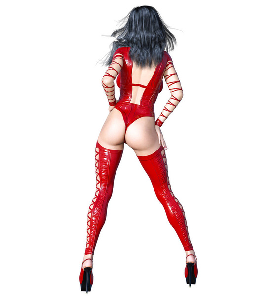 Tall sexy woman in minimalist extravagant sexy red latex lingerie. Thongs bra strap and panties. Conceptual fashion art. Seductive candid pose. Realistic 3D render illustration. Studio, high key. - Foto, Imagem