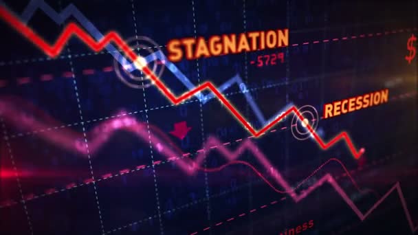 Χρηματιστηριακές αγορές κάτω δυναμικό διάγραμμα σε δυναμικό μπλε φόντο. Έννοια της στασιμότητας, ύφεση, κρίση, επιχειρηματική συντριβή και οικονομική κατάρρευση. Καθοδική τάση 3D κίνηση. - Πλάνα, βίντεο