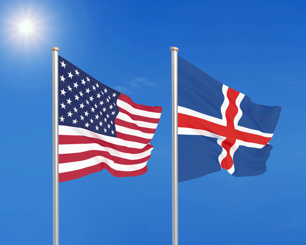 Estados Unidos da América vs Islândia. Bandeiras de seda grossas coloridas da América e Islândia. Ilustração 3D no fundo do céu. - Ilustração
 - Foto, Imagem