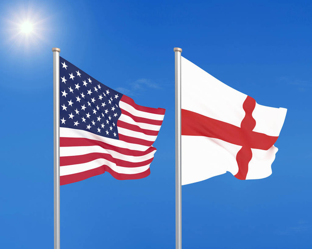 Ηνωμένες Πολιτείες Αμερικής εναντίον Αγγλίας. Χοντρές χρωματιστές μεταξένιες σημαίες της Αμερικής και της Αγγλίας. 3D απεικόνιση στο φόντο του ουρανού. - Εικονογράφηση - Φωτογραφία, εικόνα