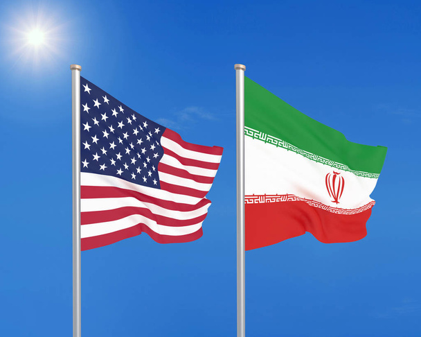 Ηνωμένες Πολιτείες Αμερικής εναντίον Ιράν. Χοντρές χρωματιστές μεταξένιες σημαίες της Αμερικής και του Ιράν. 3D απεικόνιση στο φόντο του ουρανού. - Εικονογράφηση - Φωτογραφία, εικόνα