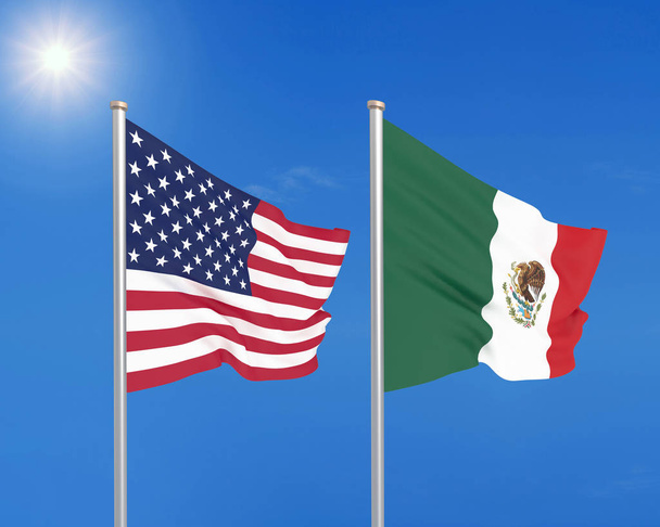 Estados Unidos vs México. Banderas sedosas de colores gruesos de América y México. Ilustración 3D en el fondo del cielo. - Ilustración
 - Foto, imagen