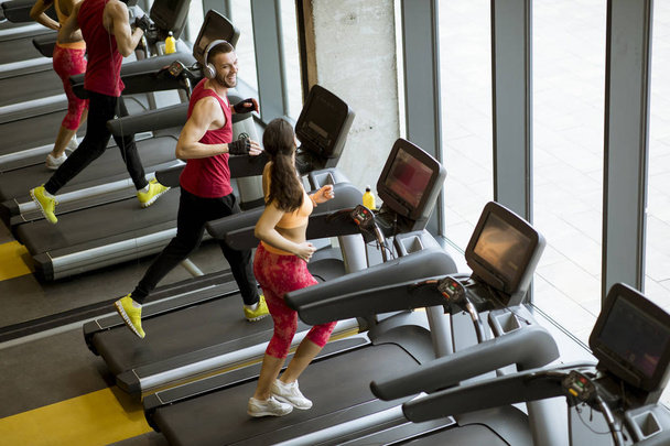 Man and woman doing cardio workout on treadmills in fitness club - 写真・画像