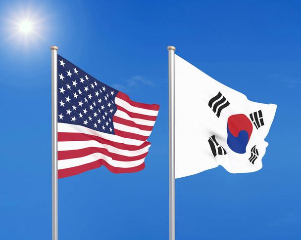 アメリカ合衆国対韓国。アメリカと韓国の厚い色の絹の旗。空を背景に3Dイラスト。-イラスト - 写真・画像