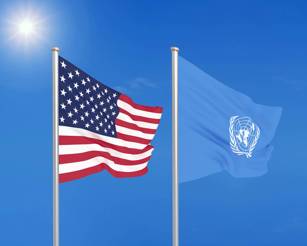 Spojené státy americké vs. Organizace spojených národů. Husté zbarvené hedvábné vlajky Ameriky a Organizace spojených národů. 3D ilustrace na nebeském pozadí. -Ilustrace - Fotografie, Obrázek
