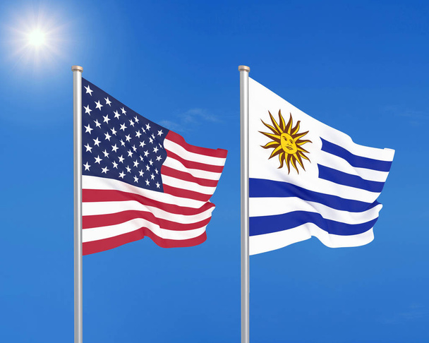 アメリカ vs ウルグアイ.アメリカとウルグアイの厚い色の絹のような旗。空の背景に3Dイラスト。- イラストレーション - 写真・画像