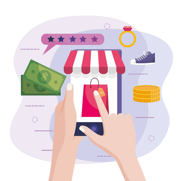 hands with smartphone technology to online shopping - Vector, Image