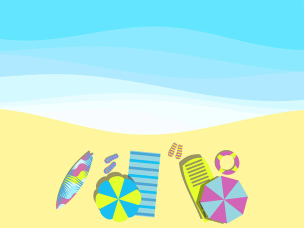 Praia, litoral com ondas. Salão Chaise com guarda-chuva, prancha de surf. Vista de cima. Cama com chinelos. Ilustração vetorial
 - Vetor, Imagem