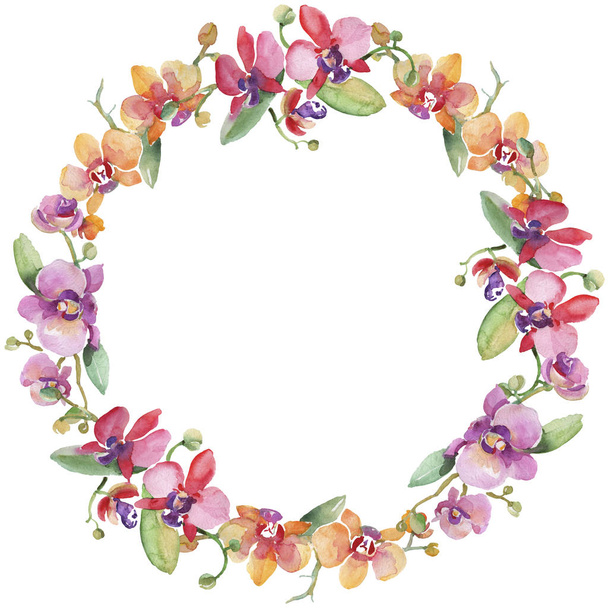 Orchidee Blumensträuße botanische Blumen. Aquarell Hintergrundillustration Set. Rahmen Rand Ornament Quadrat. - Foto, Bild