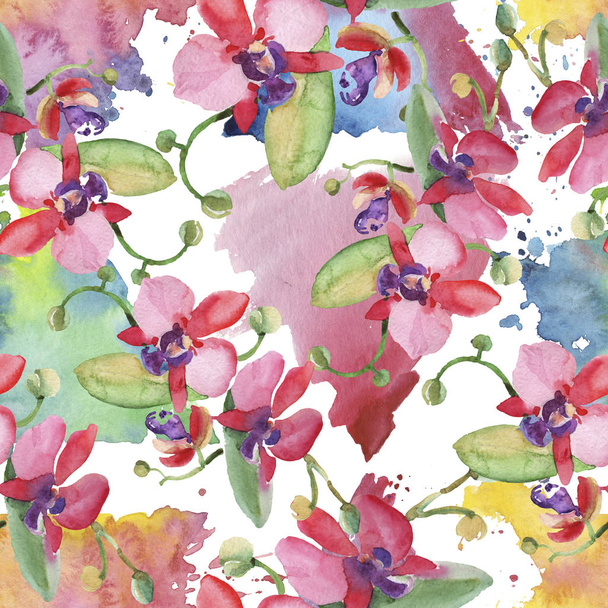 Orchid bouquets floral botanical flowers. Watercolor background illustration set. Seamless background pattern. - Foto, Imagem