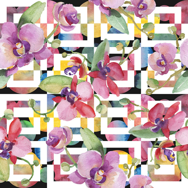 Orchidea csokrok virágos botanikai virágok. Akvarell háttér illusztráció meg. Folytonos háttérmintázat. - Fotó, kép