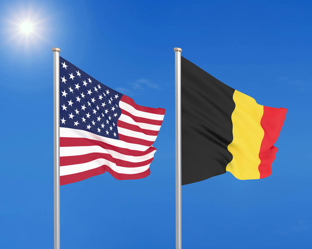 Estados Unidos vs Bélgica. Banderas sedosas de colores gruesos de América y Bélgica. Ilustración 3D en el fondo del cielo. - Ilustración
 - Foto, Imagen