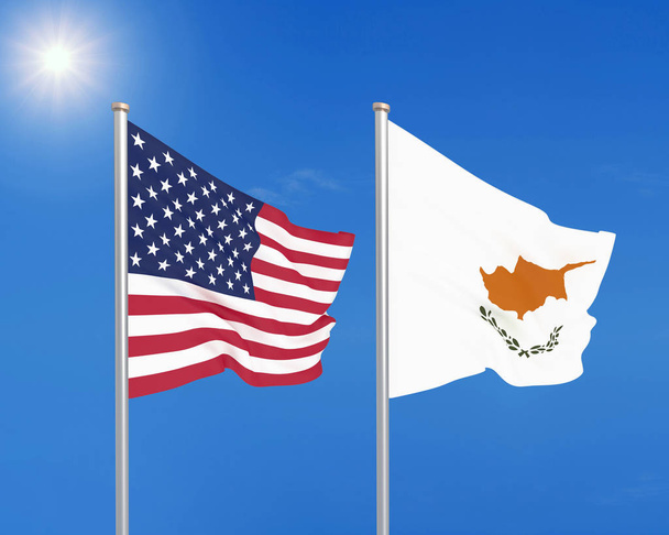 Ηνωμένες Πολιτείες Αμερικής εναντίον Κύπρου. Χοντρές χρωματιστές μεταξένιες σημαίες της Αμερικής και της Κύπρου. 3D απεικόνιση στο φόντο του ουρανού. - Εικονογράφηση - Φωτογραφία, εικόνα